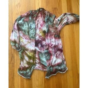 H&M Divided Ice Dye Upcycled Kimono Cardigan Pom Pom Trim XS Boho Festival